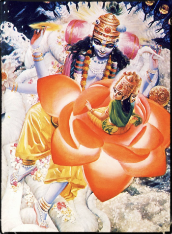 Right – Lord Brahma atop the lotus emanating from the navel of Garbodakasayi Visnu who lies submerged in the great ocean of devastation in this universe.
