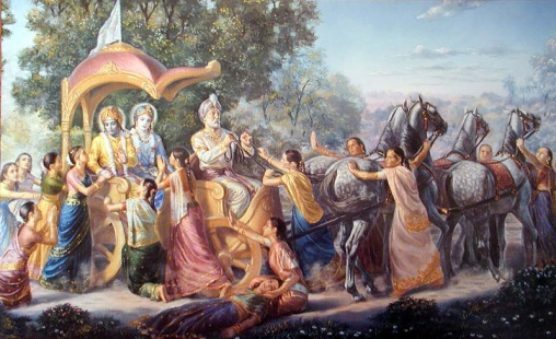 Akrura takes Kṛṣṇa and Balarāma to Mathurā